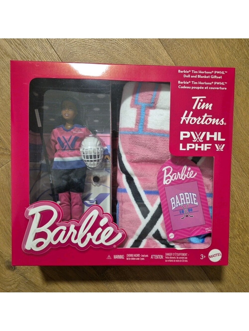 Barbie Tim Hortons Mattel 2025 PWHL Hockey Black Hair Doll Blanket Gift Set
